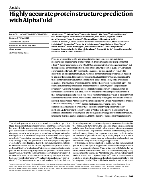 First page of "Highly Accurate Protein Structure Prediction with AlphaFold"