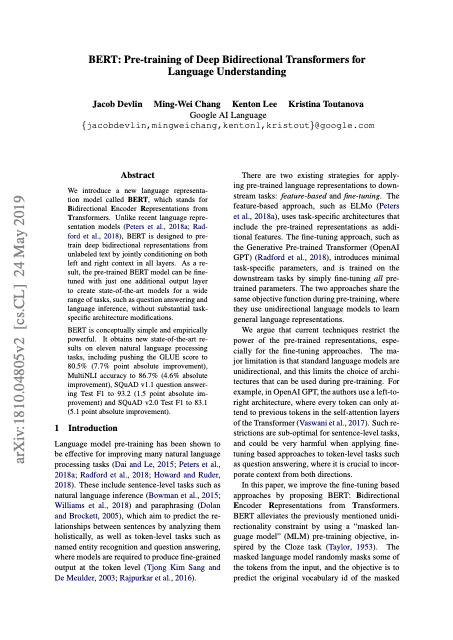 First page of "BERT: Pre-training of Deep Bidirectional Transformers for Language Understanding"