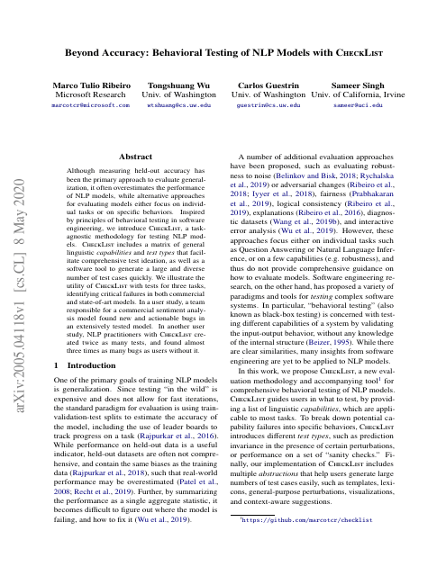 First page of "Beyond Accuracy: Behavioral Testing of NLP Models with CheckList"