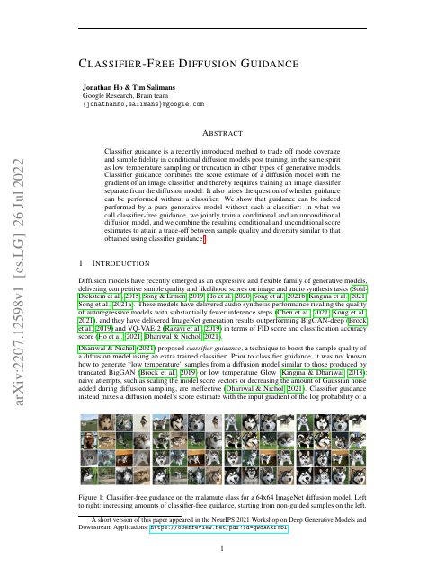 First page of "Classifier-Free Diffusion Guidance"