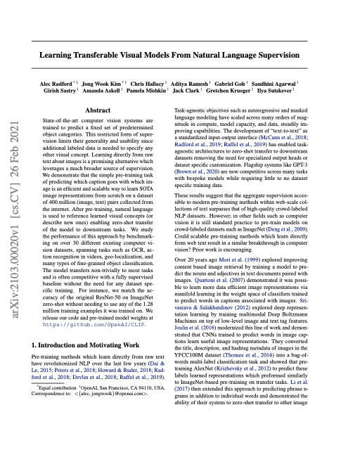 First page of "Learning Transferable Visual Models From Natural Language Supervision"