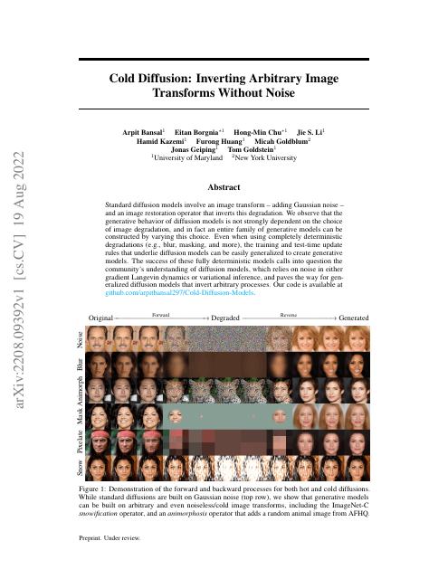 First page of "Cold Diffusion: Inverting Arbitrary Image Transforms Without Noise"