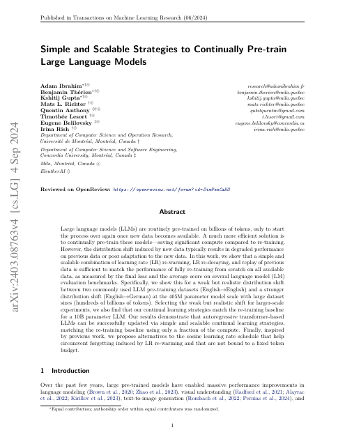 First page of "Simple and Scalable Strategies to Continually Pre-train Large Language Models"