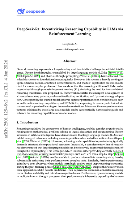 First page of "DeepSeek-R1: Incentivizing Reasoning Capability in LLMs via Reinforcement Learning"