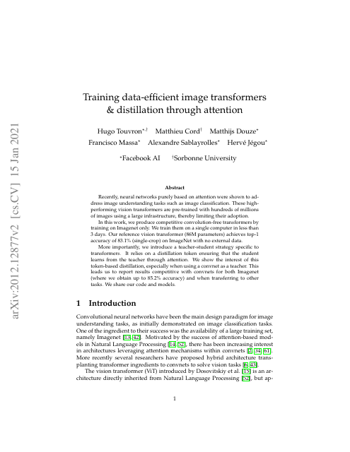 First page of "Training Data-Efficient Image Transformers & Distillation Through Attention"