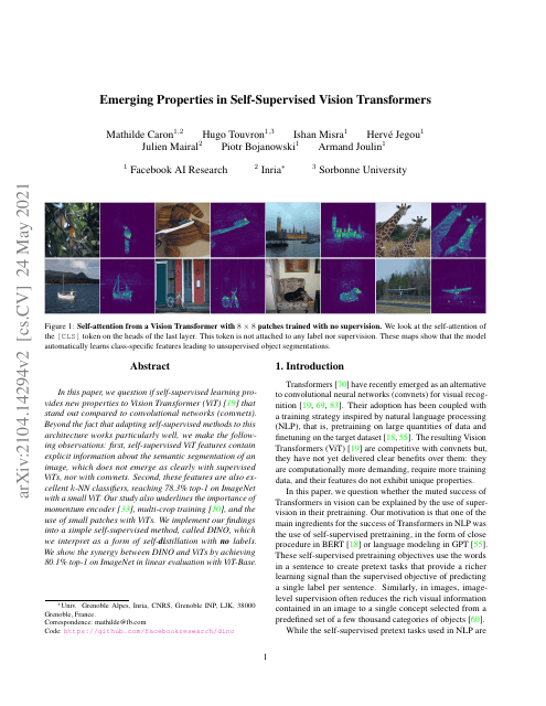 First page of "Emerging Properties in Self-Supervised Vision Transformers"