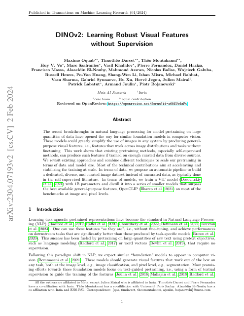 First page of "DINOv2: Learning Robust Visual Features without Supervision"