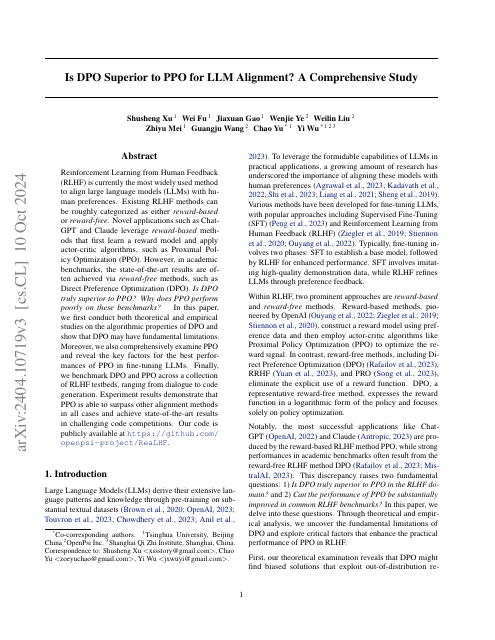 First page of "Is DPO Superior to PPO for LLM Alignment? A Comprehensive Study"