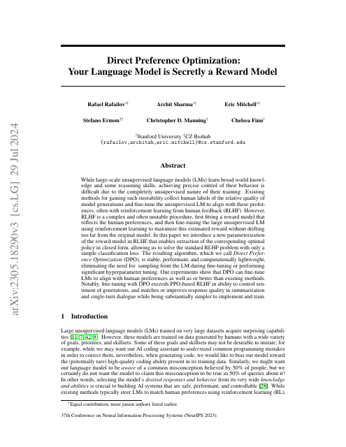 First page of "Direct Preference Optimization: Your Language Model is Secretly a Reward Model"