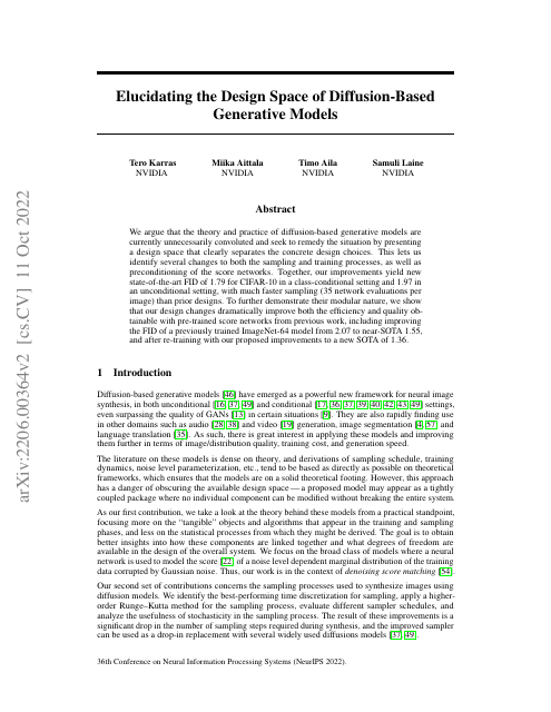 First page of "Elucidating the Design Space of Diffusion-Based Generative Models"
