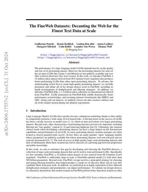 First page of "The FineWeb Datasets: Decanting the Web for the Finest Text Data at Scale"