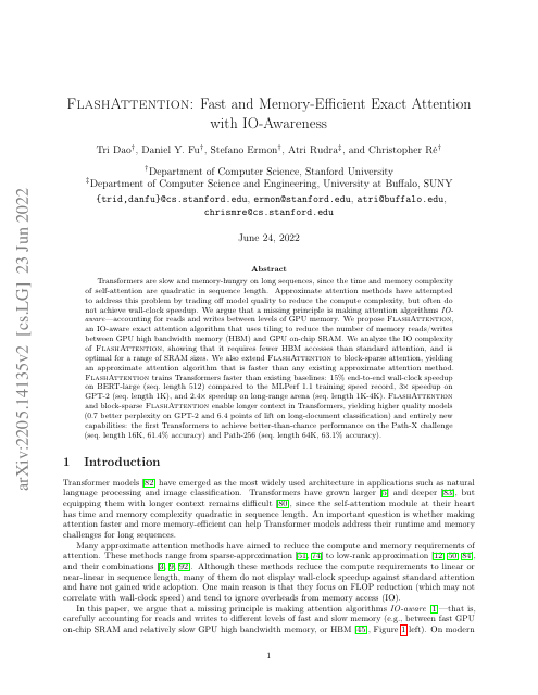 First page of "FlashAttention: Fast and Memory-Efficient Exact Attention with IO-Awareness"
