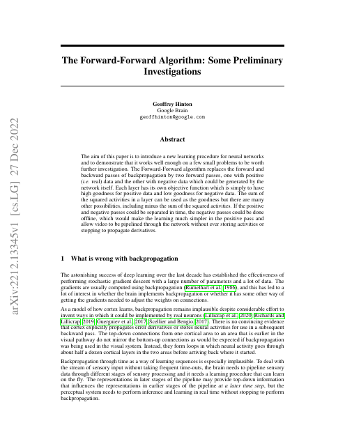 First page of "The Forward-Forward Algorithm: Some Preliminary Investigations"