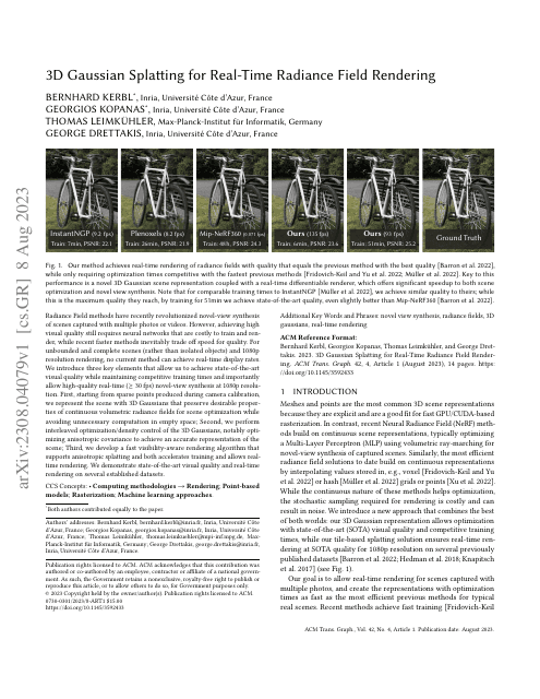 First page of "3D Gaussian Splatting for Real-Time Radiance Field Rendering"