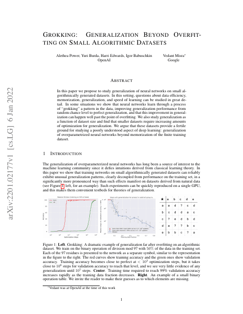 First page of "Grokking: Generalization Beyond Overfitting on Small Algorithmic Datasets"