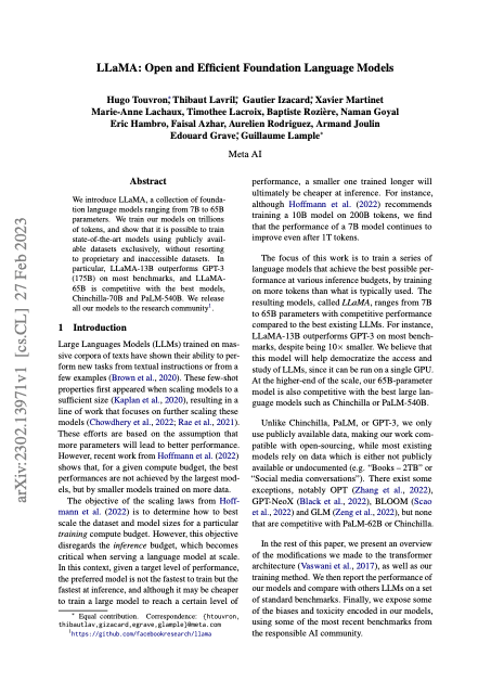 First page of "LLaMA: Open and Efficient Foundation Language Models"