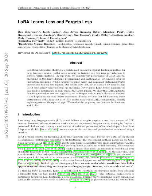 First page of "LoRA Learns Less and Forgets Less"