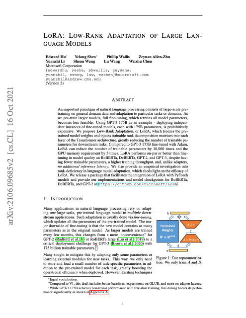 First page of "LoRA: Low-Rank Adaptation of Large Language Models"