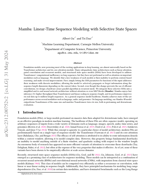 First page of "Mamba: Linear-Time Sequence Modeling with Selective State Spaces"