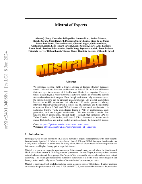 First page of "Mixtral of Experts"