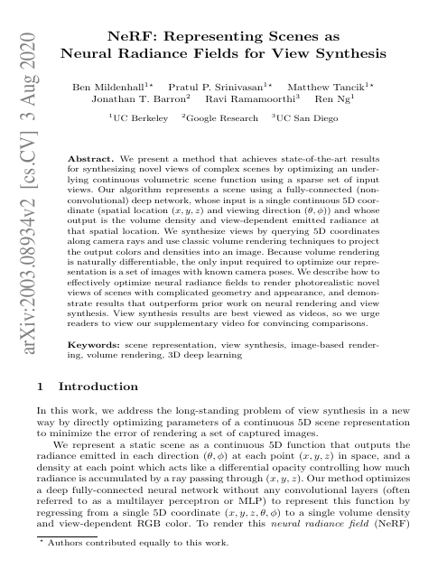 First page of "NeRF: Representing Scenes as Neural Radiance Fields for View Synthesis"