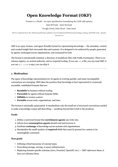 First page of "Open Knowledge Format (OKF): An Open Specification for the LLM-Wiki Pattern"