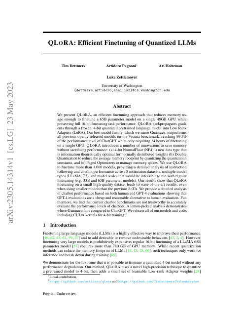 First page of "QLoRA: Efficient Finetuning of Quantized LLMs"