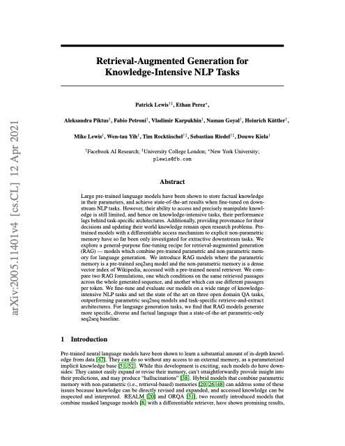 First page of "Retrieval-Augmented Generation for Knowledge-Intensive NLP Tasks"