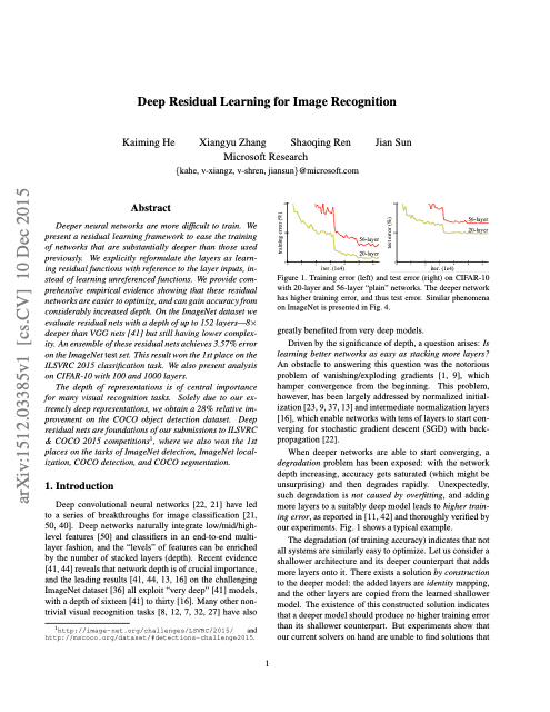 First page of "Deep Residual Learning for Image Recognition"