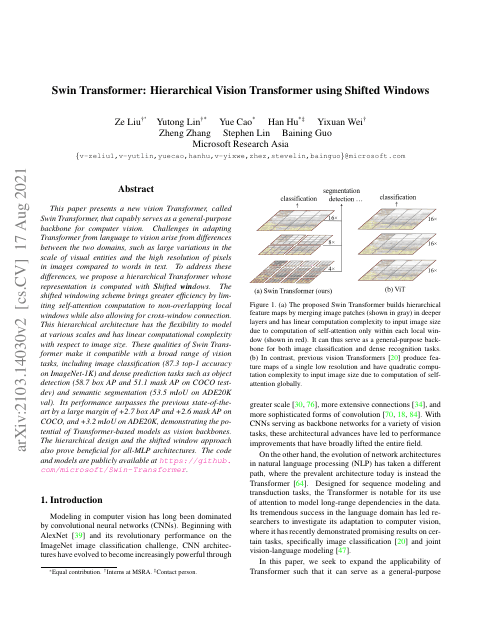 First page of "Swin Transformer: Hierarchical Vision Transformer using Shifted Windows"