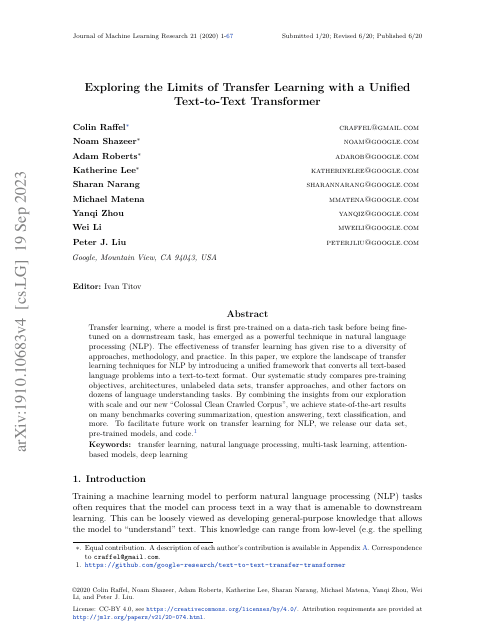 First page of "Exploring the Limits of Transfer Learning with a Unified Text-to-Text Transformer"