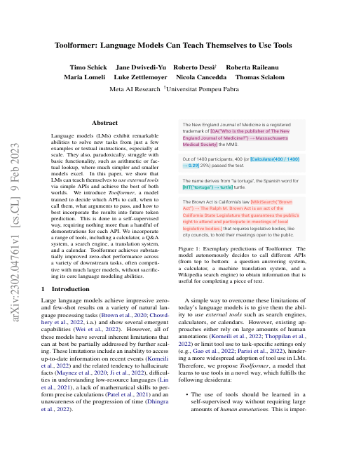 First page of "Toolformer: Language Models Can Teach Themselves to Use Tools"