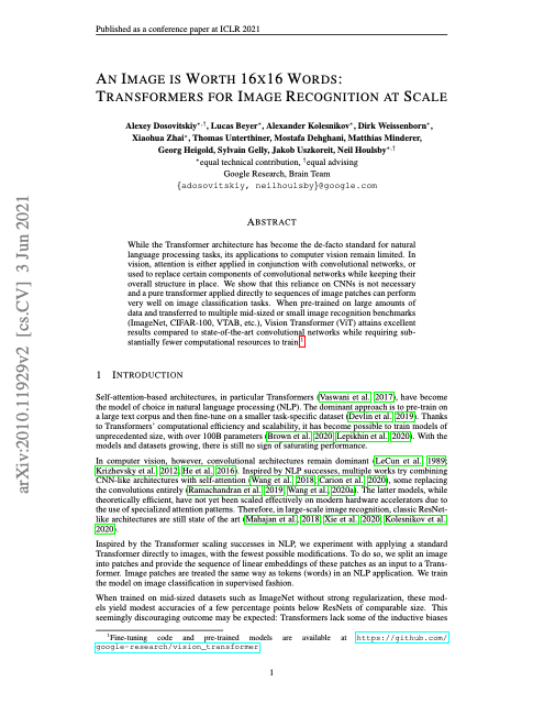 First page of "An Image is Worth 16x16 Words: Transformers for Image Recognition at Scale"
