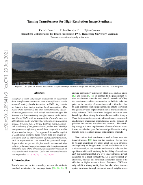 First page of "Taming Transformers for High-Resolution Image Synthesis"