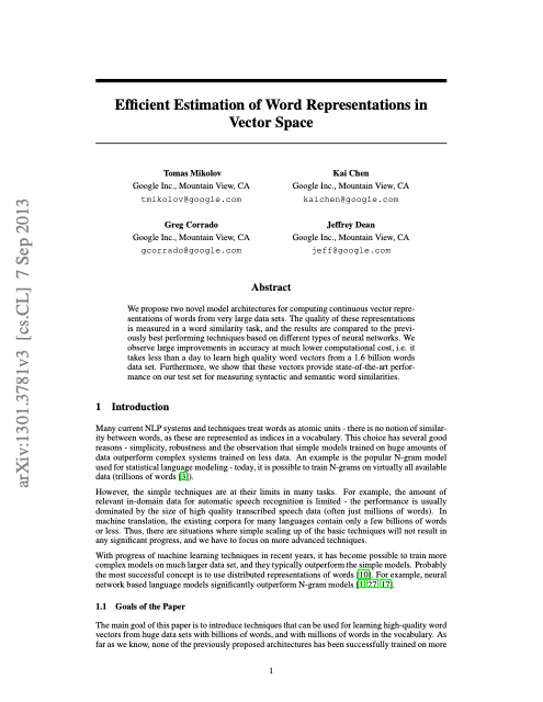 First page of "Efficient Estimation of Word Representations in Vector Space"