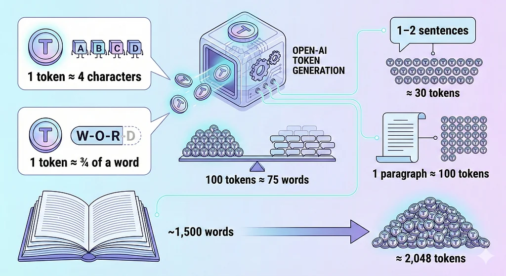 How text maps to tokens: one token is roughly 4 characters or three quarters of a word, 100 tokens about 75 words, and 1,500 words about 2,048 tokens